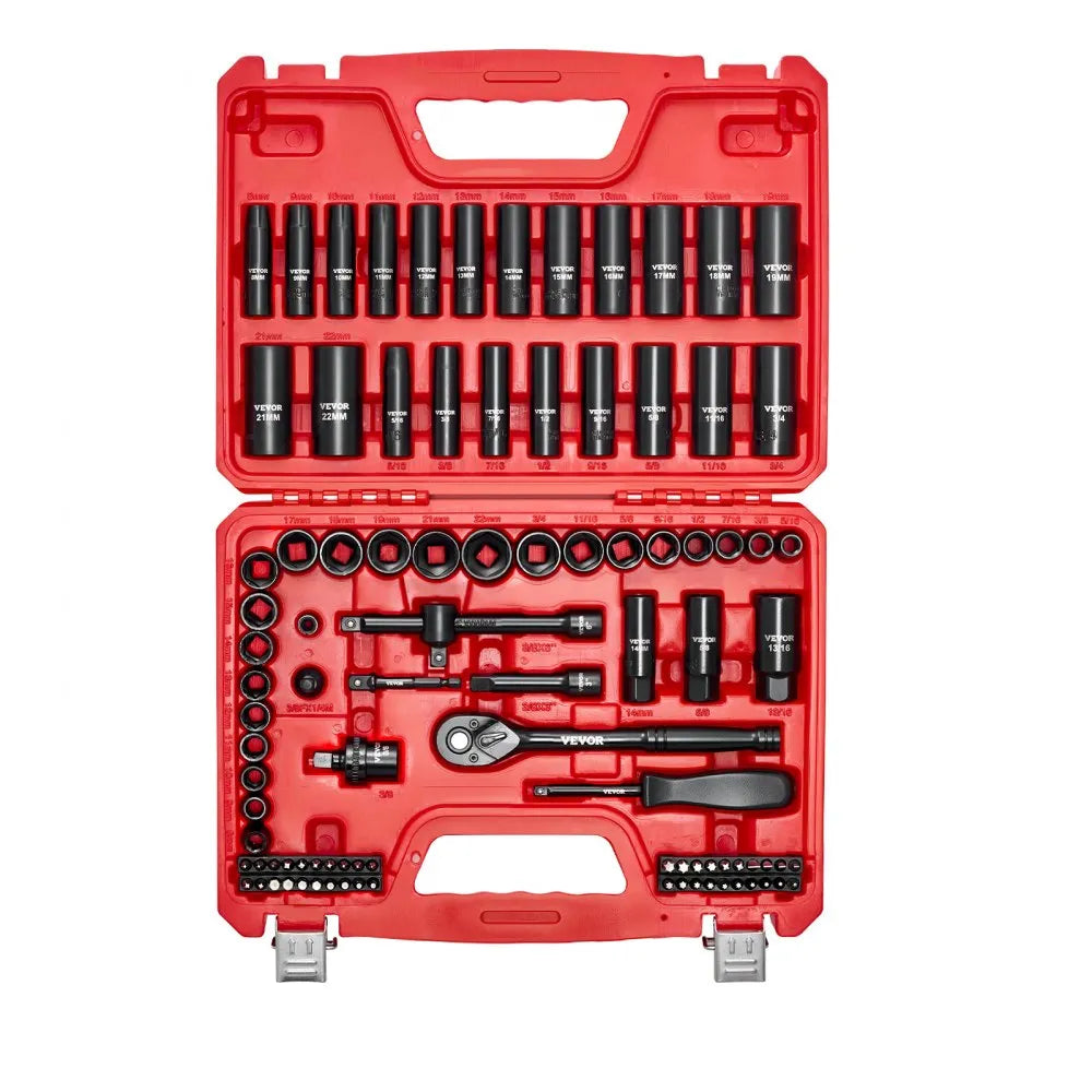 VEVOR 96-Piece 3/8" Drive Impact Socket Set, SAE & Metric Deep and Shallow 6-Point Sockets
