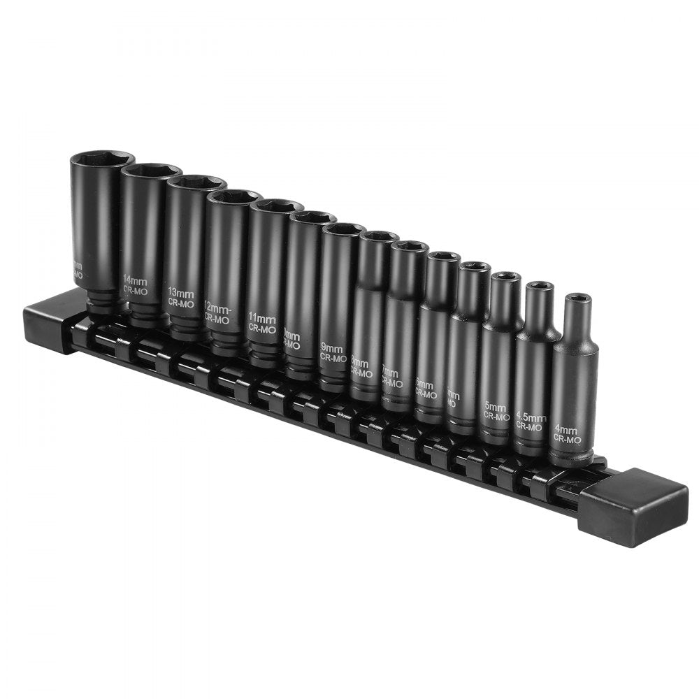 VEVOR Impact Sockets Set 14PCS 6-Point 1/4" Deep Socket Set Metric 4-15mm Cr-Mo