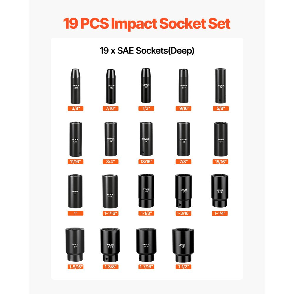 1/2" Drive Impact Socket Set, 19-Piece Deep Impact Socket Set, 6-Point Cr-V Alloy Steel Sockets, SAE Sizes 3/8" to 1-1/2", Heavy-Duty Storage Case Included