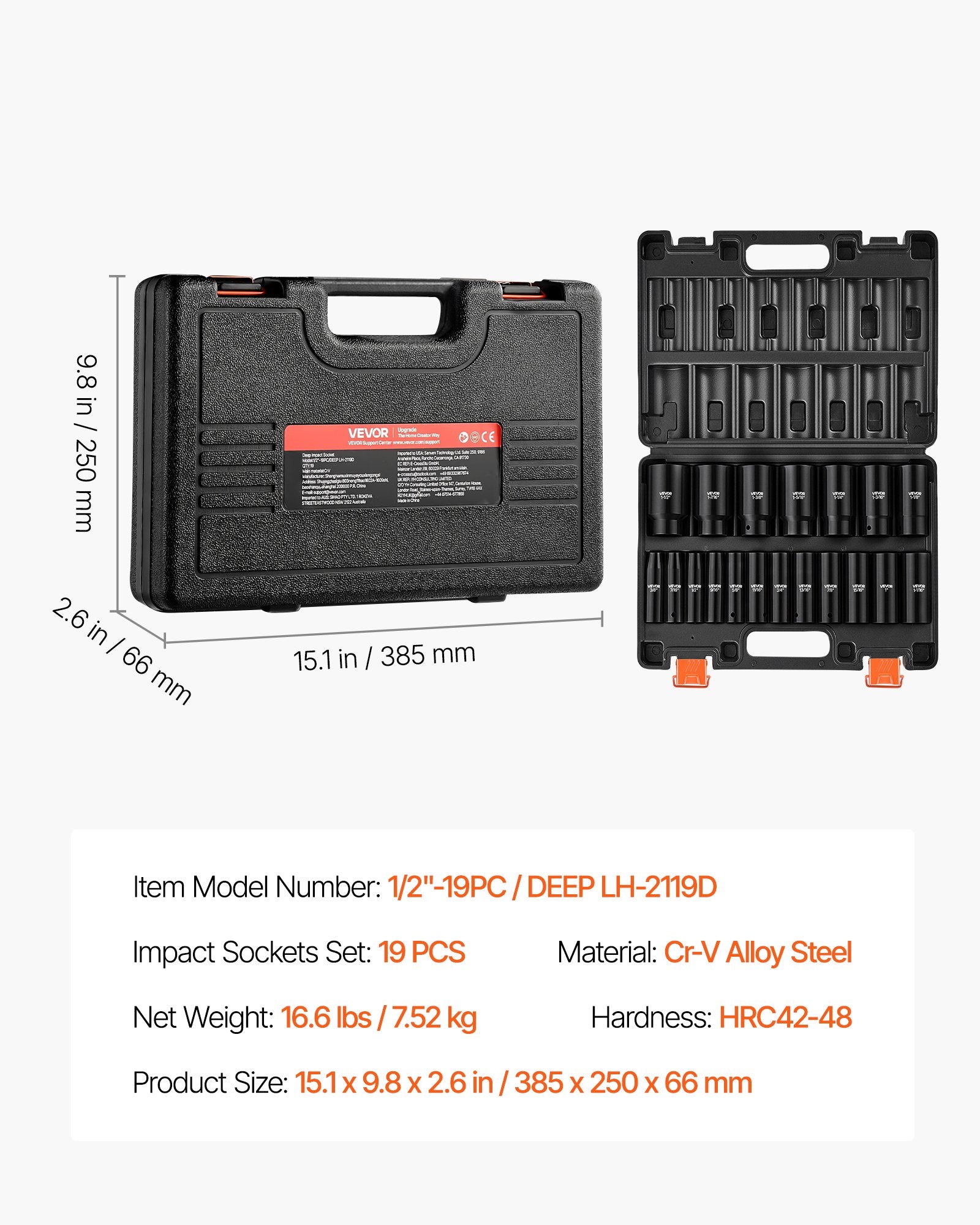 1/2" Drive Impact Socket Set, 19-Piece Deep Impact Socket Set, 6-Point Cr-V Alloy Steel Sockets, SAE Sizes 3/8" to 1-1/2", Heavy-Duty Storage Case Included