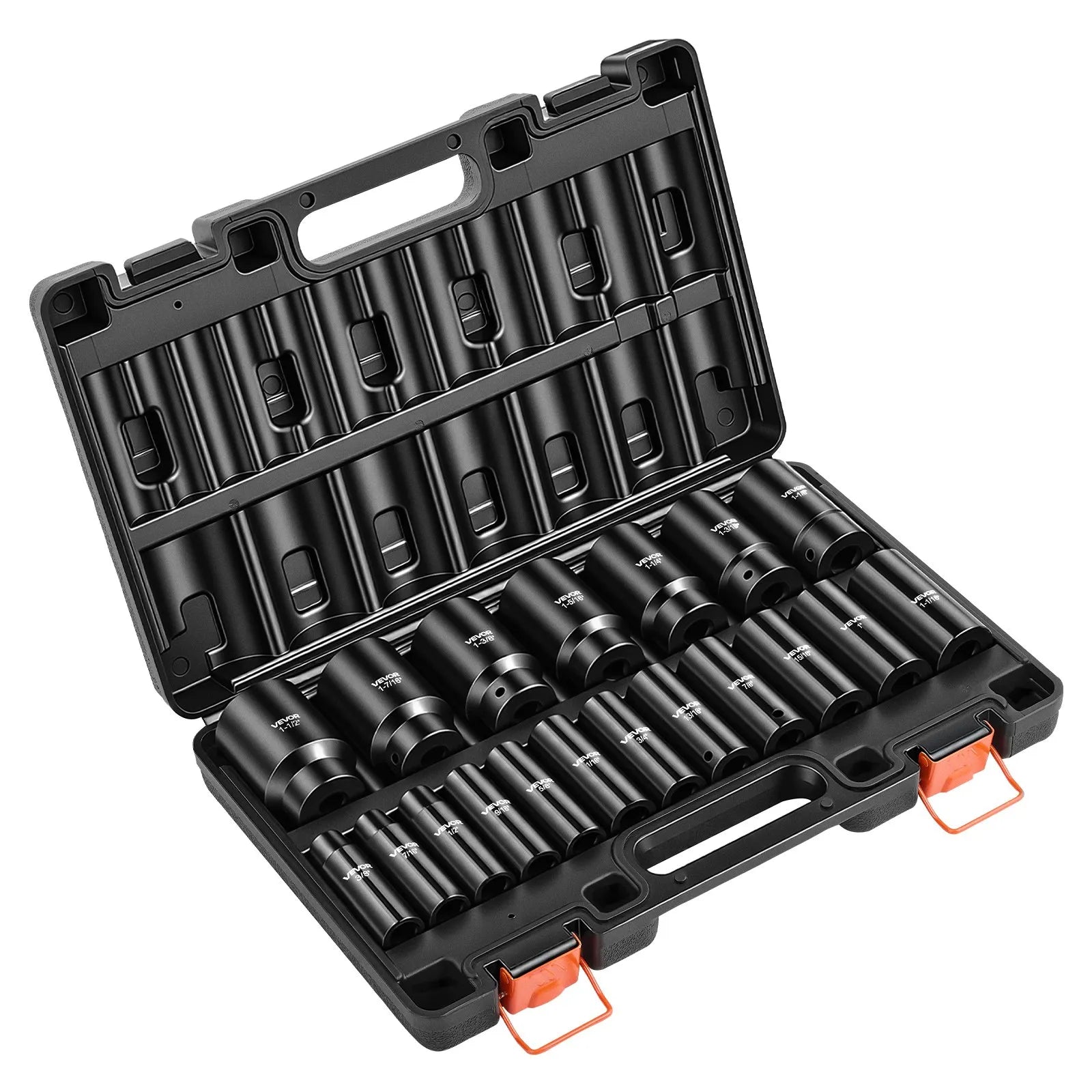 1/2" Drive Impact Socket Set, 19-Piece Deep Impact Socket Set, 6-Point Cr-V Alloy Steel Sockets, SAE Sizes 3/8" to 1-1/2", Heavy-Duty Storage Case Included