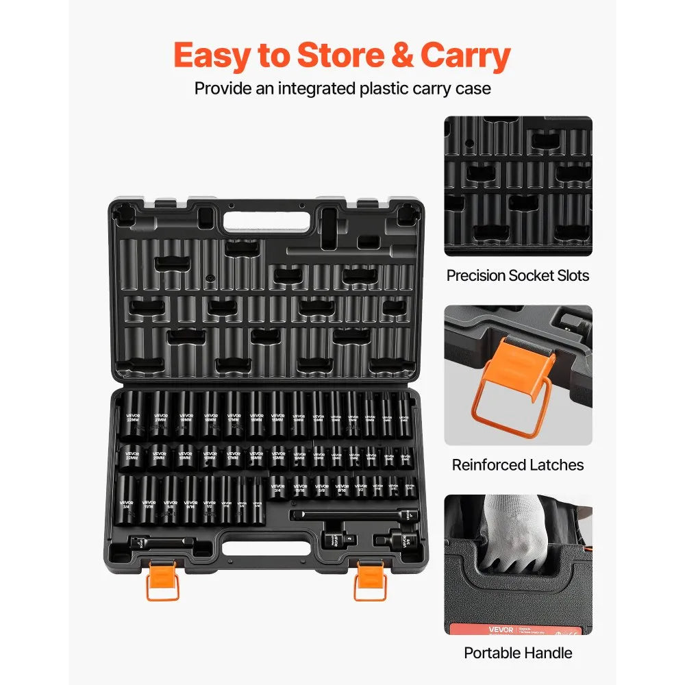 VEVOR 48-Piece 3/8" Drive Impact Socket Set, SAE & Metric 6-Point Sockets with Storage Cage