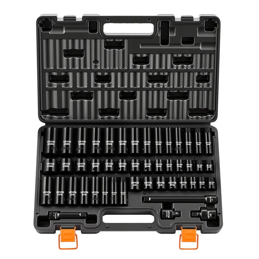 VEVOR 48-Piece 3/8" Drive Impact Socket Set, SAE & Metric 6-Point Sockets with Storage Cage