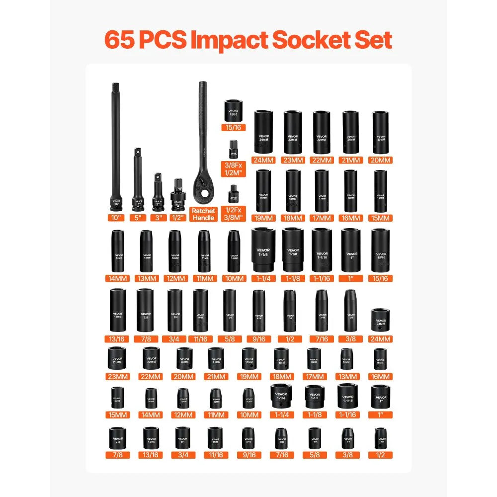 VEVOR 65-Piece 1/2" Drive Impact Socket Set, SAE & Metric 6-Point Sockets with Storage Case