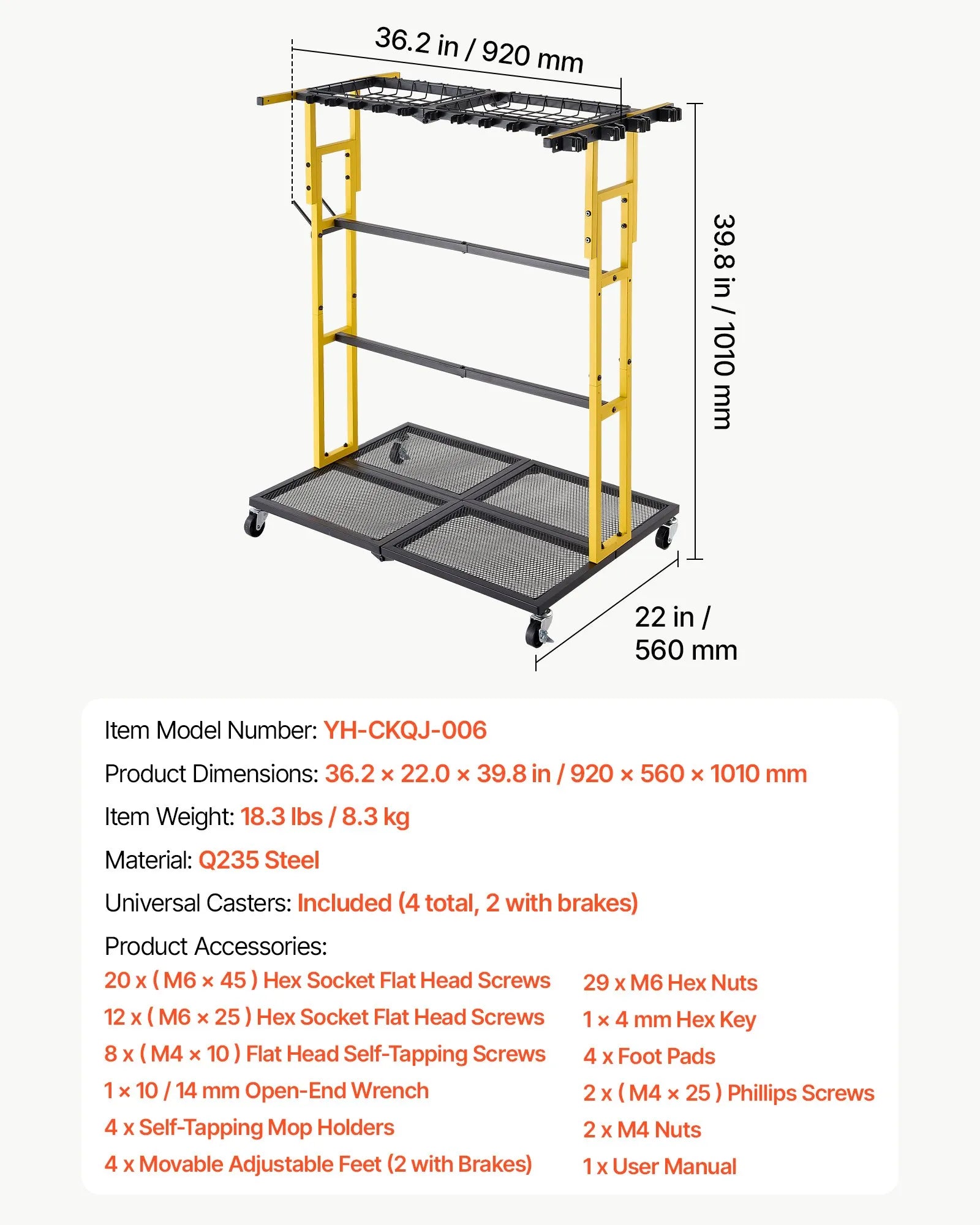 Rolling Garden Tool Organizer – Heavy-Duty Metal Storage Rack for Rakes, Shovels & Long-Handle Tools