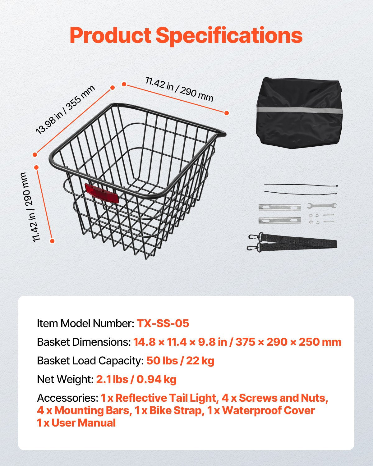 VEVOR Rear Bike Basket Metal Wire Bicycle Basket Reflective Tail Light Cover