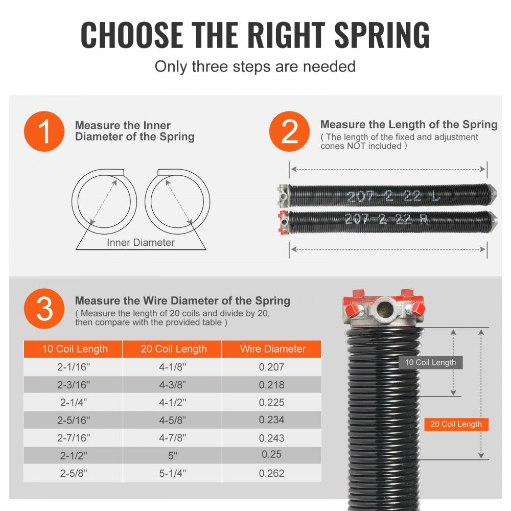 VEVOR Garage Door Torsion Springs, Pair of 0.207 x 2 x 22inch, 16000 Cycles, Garage Door Springs with Non-Slip Winding Bars, Gloves and Mounting Wrench, Electrophoresis Coated for Replacement