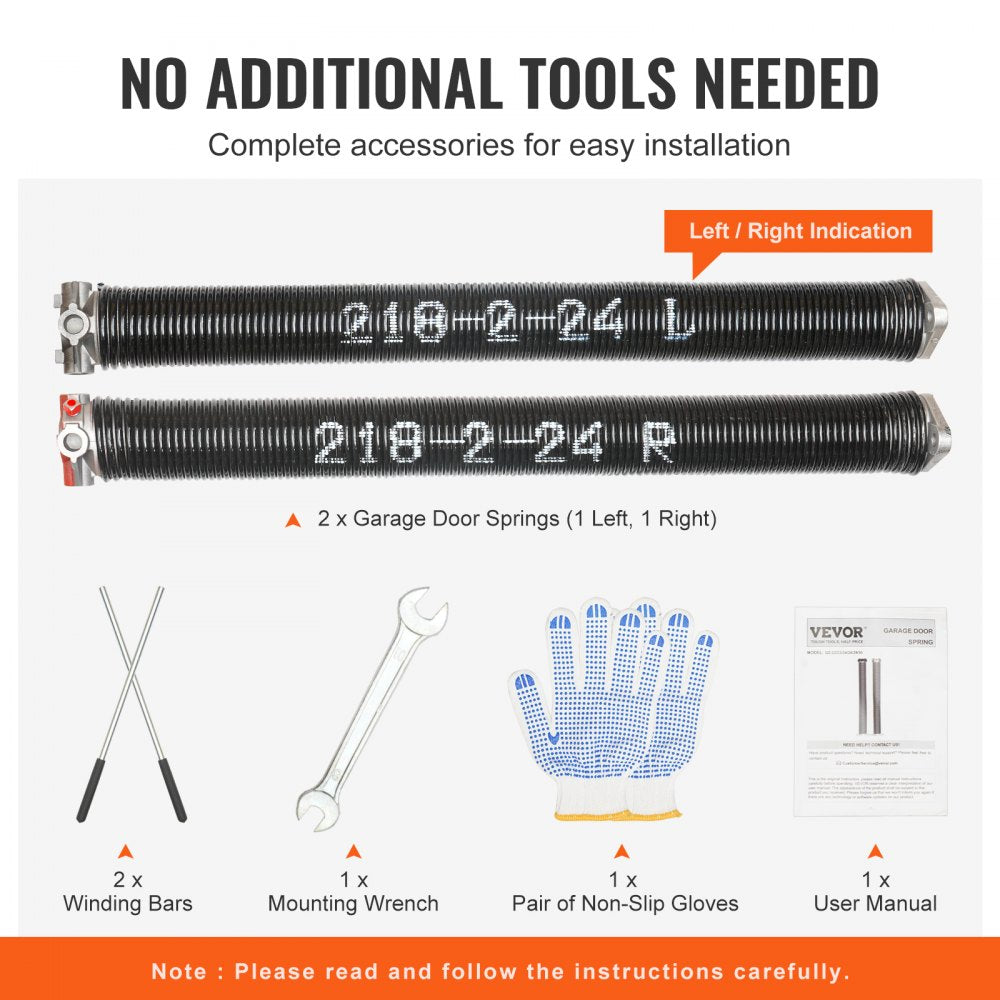 VEVOR Garage Door Torsion Springs, Pair of 0.218 x 2 x 24inch, 16000 Cycles, Garage Door Springs with Non-Slip Winding Bars, Gloves and Mounting Wrench, Electrophoresis Coated for Replacement