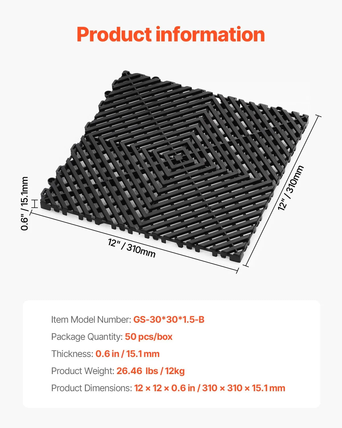 VEVOR Drainage Mat Modular Floor Tile 12” x 12” Interlocking Drainage Cushion