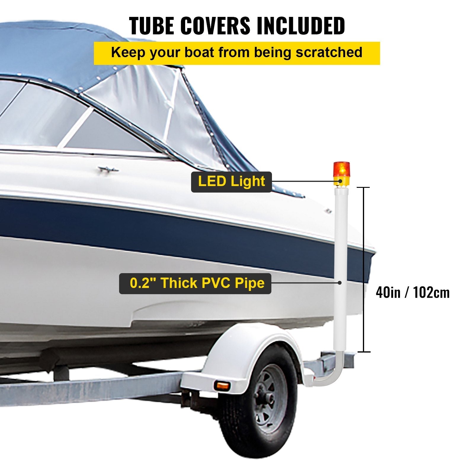 VEVOR Boat Trailer Guide-on, 40", 2PCS Galvanized Steel Trailer Post Guide on, with LED-Lighted PVC Tube Covers, Mounting Hardware Included, for Ski Boat, Fishing Boat or Sailboat Trailer