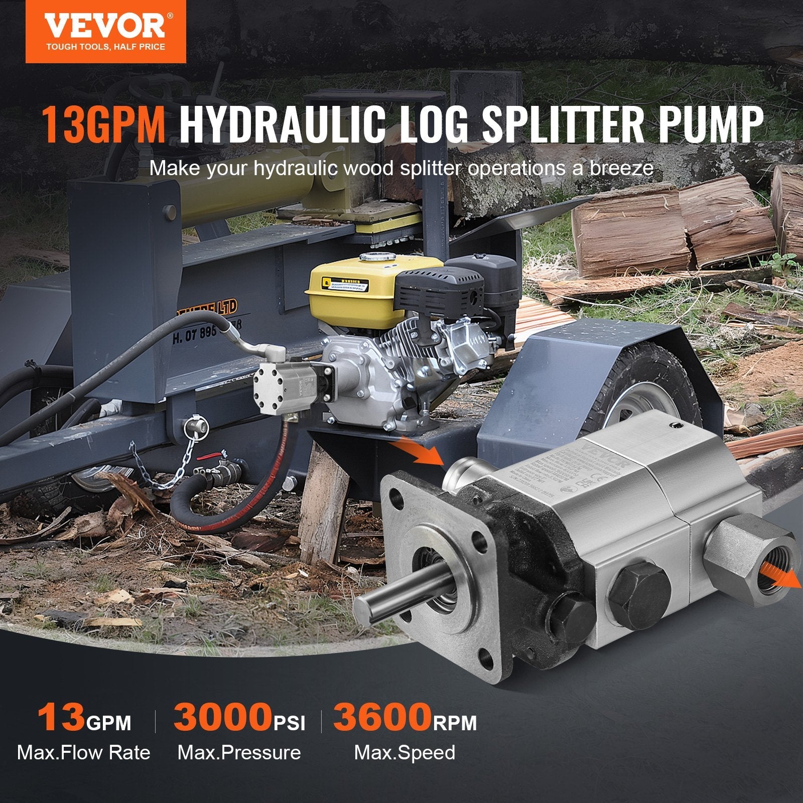VEVOR Hydraulic Wood Log Splitter Pump 13GPM 2 Stage 3000PSI Hydraulic Gear Pump