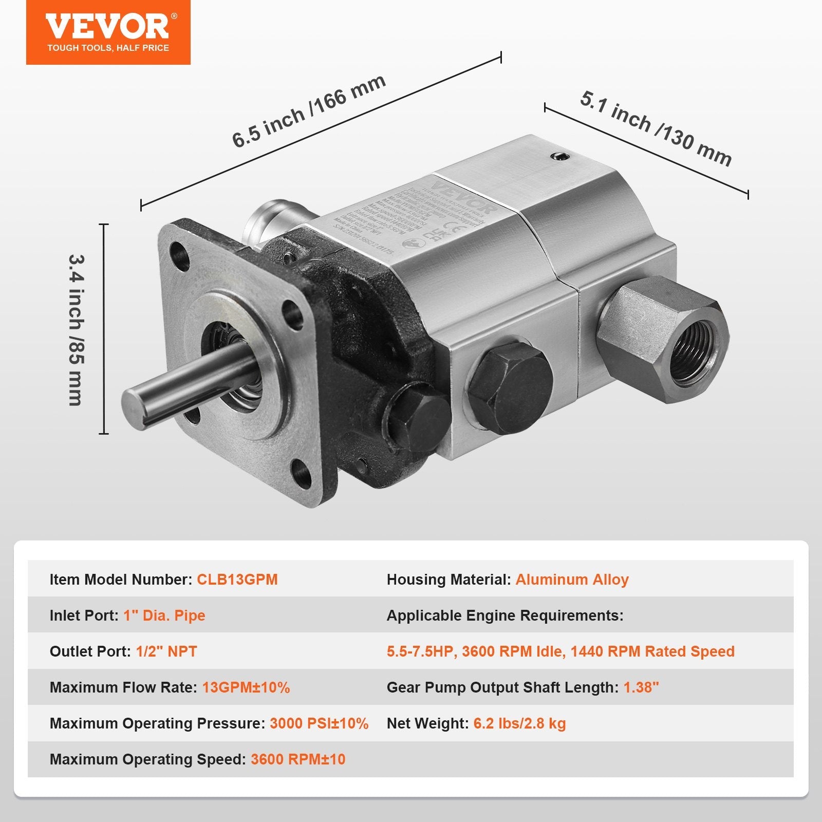 VEVOR Hydraulic Wood Log Splitter Pump 13GPM 2 Stage 3000PSI Hydraulic Gear Pump