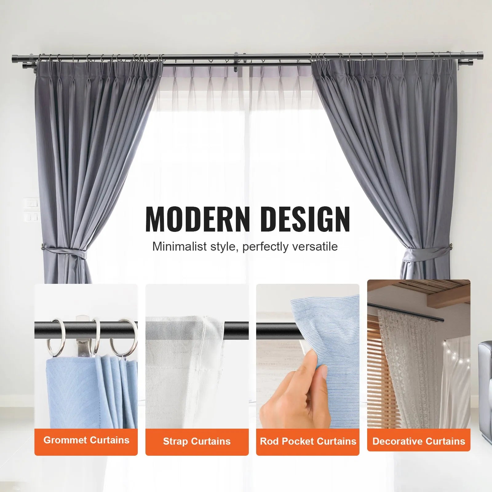 VEVOR Double Rod Curtain Rods, 36-72 inches(3-6ft) Adjustable Length, Black Double Curtain Rods with Cap Finials, 1" and 3/4" Diameter, Double Window Drapery Rod for Sheer and Blackout Curtains