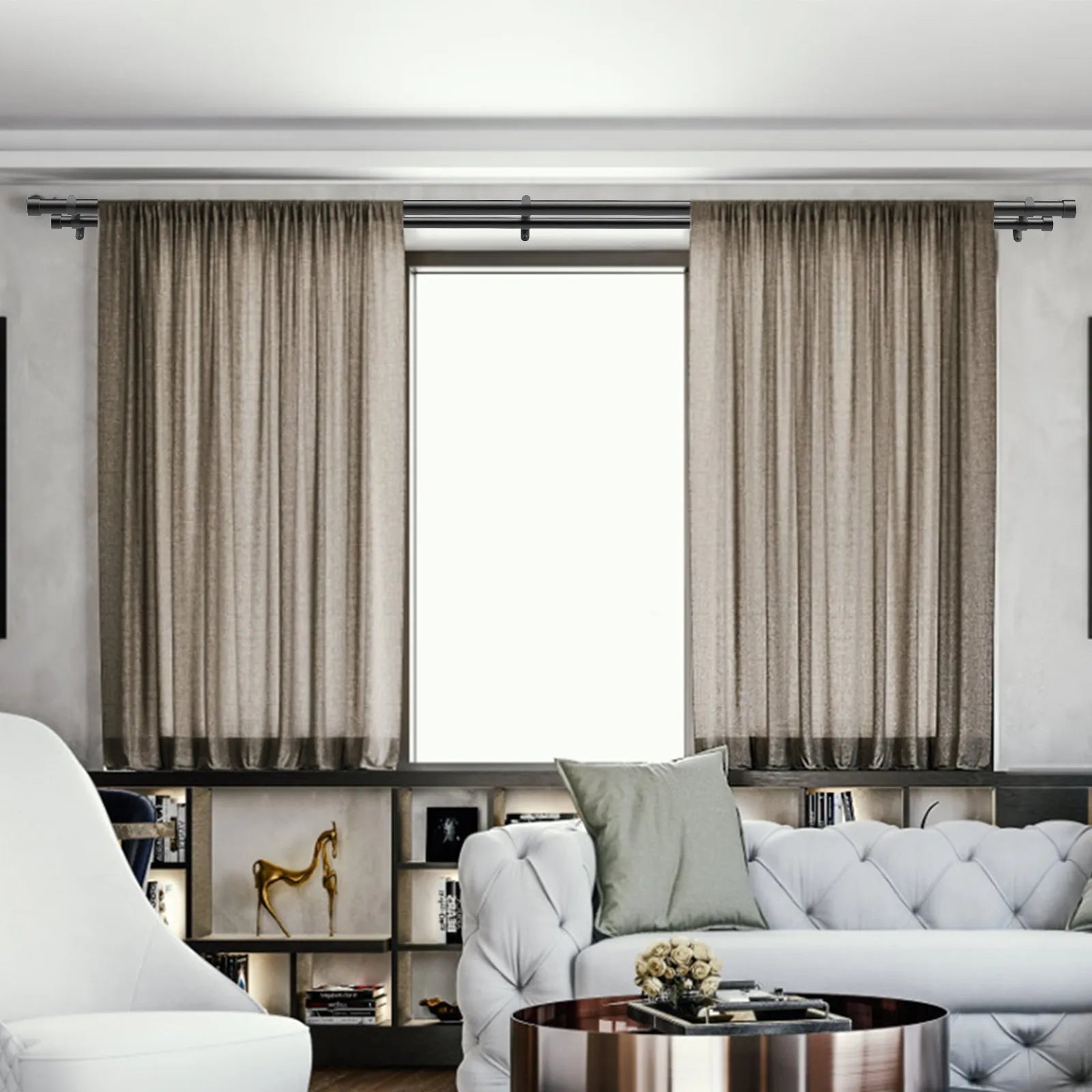 VEVOR Double Rod Curtain Rods, 36-72 inches(3-6ft) Adjustable Length, Black Double Curtain Rods with Cap Finials, 1" and 3/4" Diameter, Double Window Drapery Rod for Sheer and Blackout Curtains