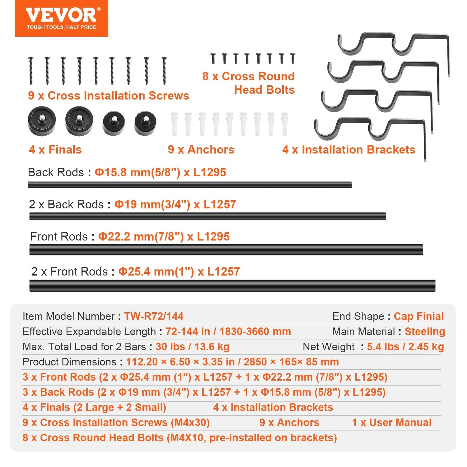 VEVOR Double Rod Curtain Rods, 72-144 inches(6-12ft) Adjustable Length, Black Double Curtain Rods with Cap Finials, 1" and 3/4" Diameter, Double Window Drapery Rod for Sheer and Blackout Curtains