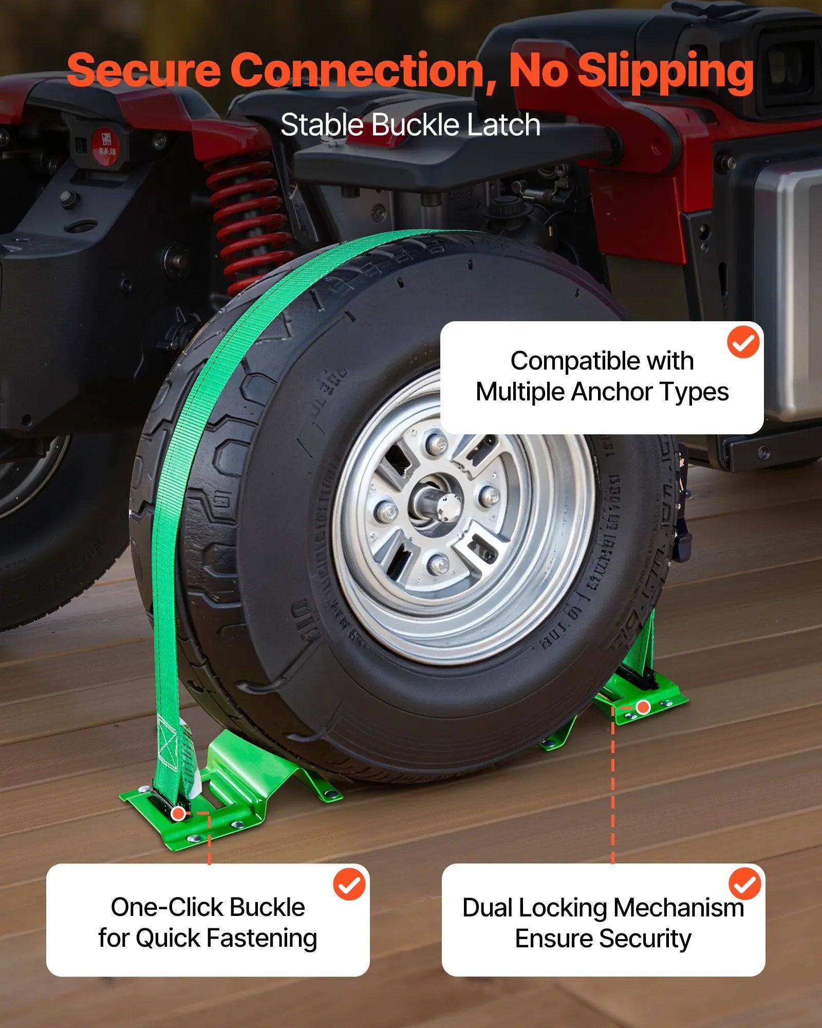 VEVOR Wheel Chock Tie-Down Kit, Chock-Style Trailer Tie Down Strap, Car Tie Down Kit with Buckle, Break Strength 4380 lbs & Working Load 1460 lbs Motorcycle Tie-Down System E-Hooks for ATVs, UTVs