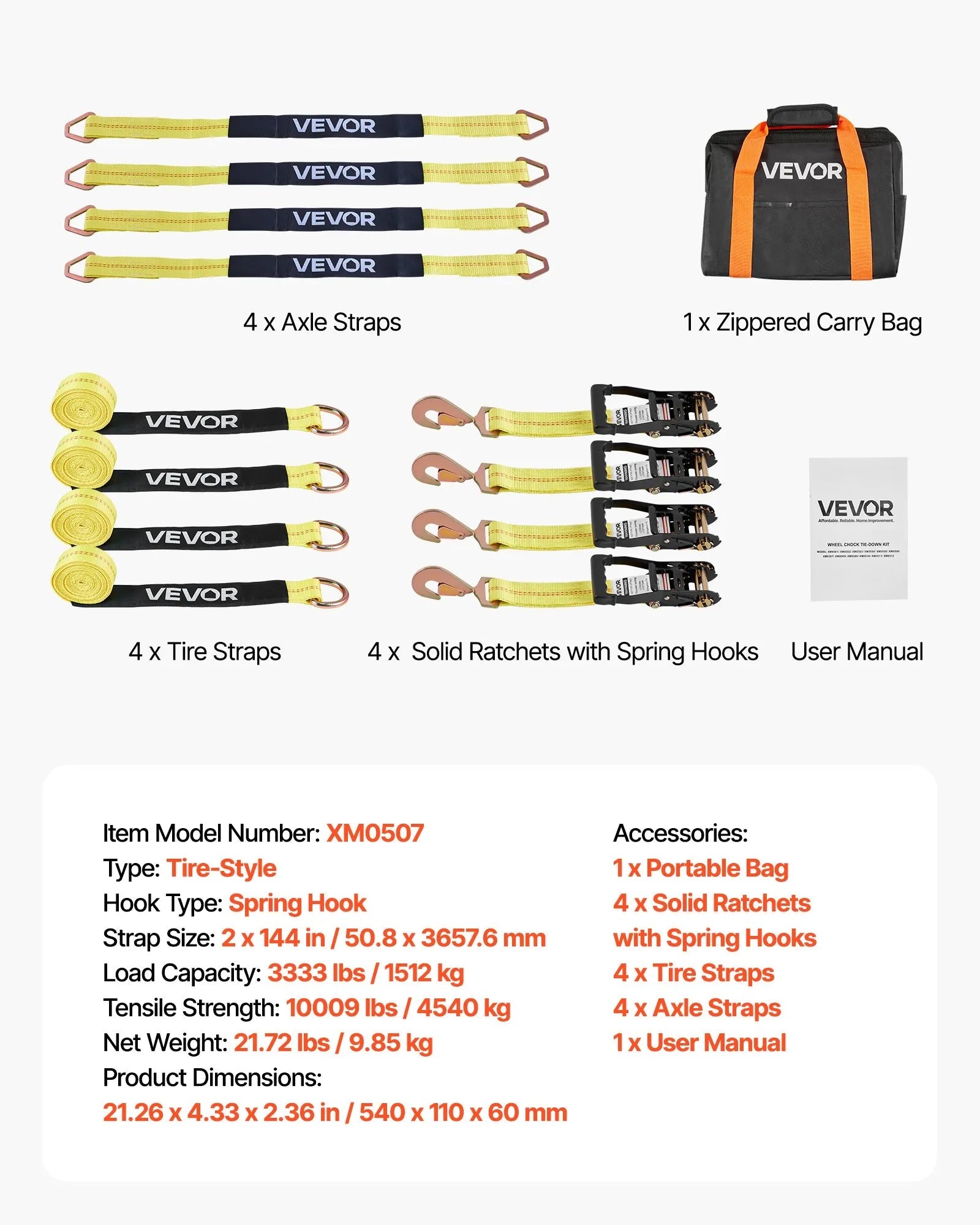 VEVOR Wheel Chock Tie-Down Kit, Tire-Style Trailer Tie Down Strap, Car Tie Down Kit with Spring Hook, Break Strength 10009 lbs & Working Load 3333 lbs Motorcycle Tie-Down System for ATV, SUV, Trailer