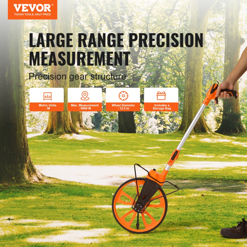 VEVOR Measuring Wheel in Inches, 12.5in Diameter Wheel, Centerline Design w/ Handbrake, 39.76-20.47 in Telescoping Measure Wheel,Measurement 0-9,999m with Bag, for Lawn/Hard/Soft/Wood Road Measuring