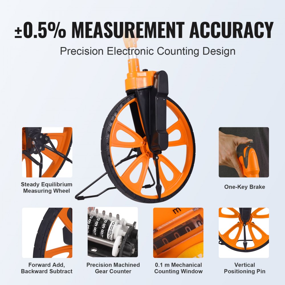 VEVOR Measuring Wheel in Inches, 12.5in Diameter Wheel, Centerline Design w/ Handbrake, 39.76-20.47 in Telescoping Measure Wheel,Measurement 0-9,999m with Bag, for Lawn/Hard/Soft/Wood Road Measuring