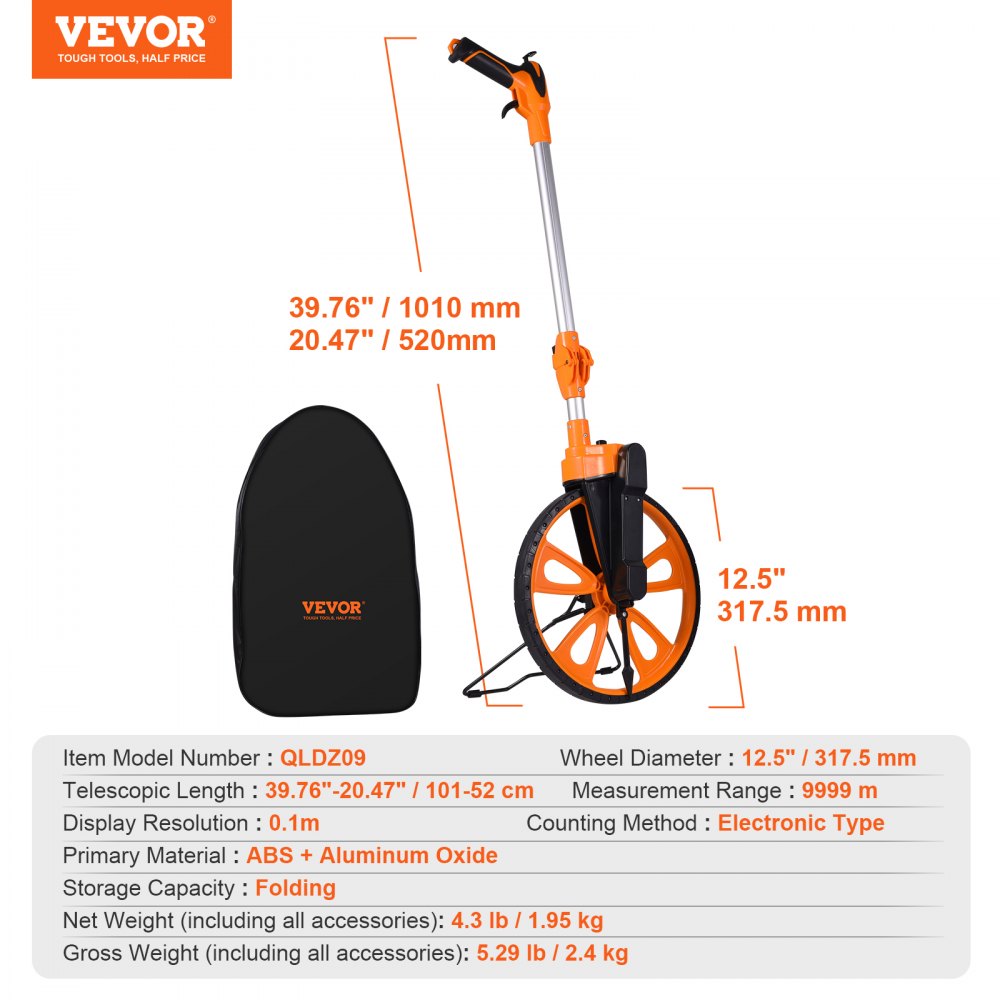 VEVOR Measuring Wheel in Inches, 12.5in Diameter Wheel, Centerline Design w/ Handbrake, 39.76-20.47 in Telescoping Measure Wheel,Measurement 0-9,999m with Bag, for Lawn/Hard/Soft/Wood Road Measuring