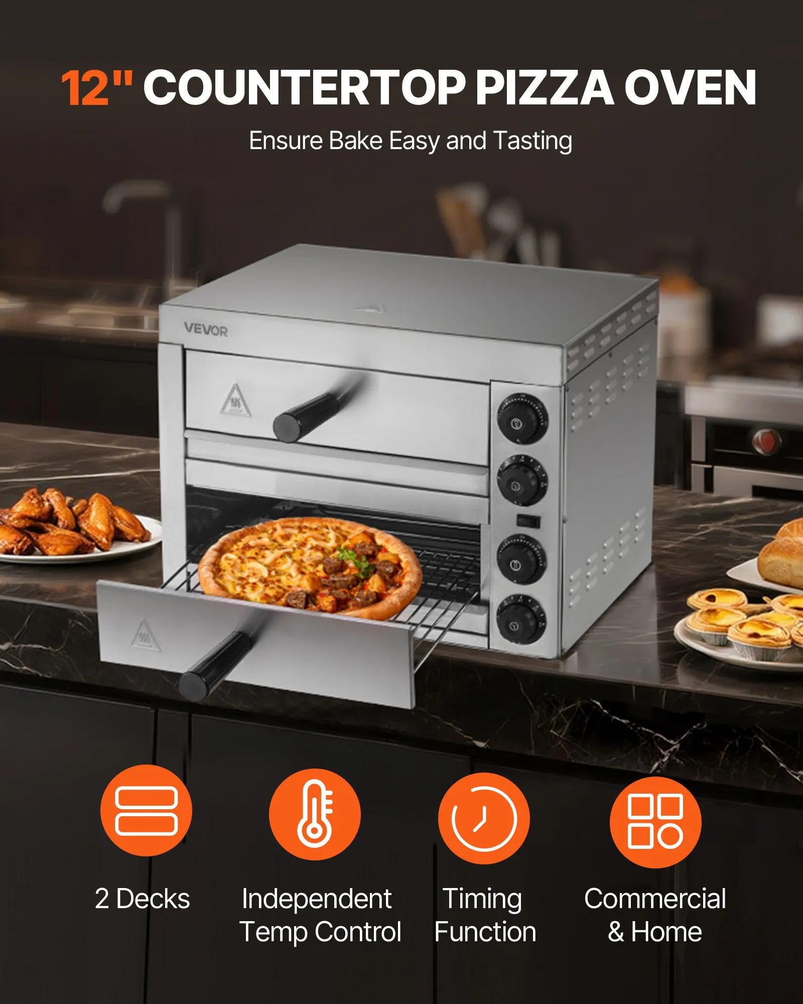 VEVOR Electric Countertop Pizza Oven 12" Adjustable Temperature 0-120Min Timer