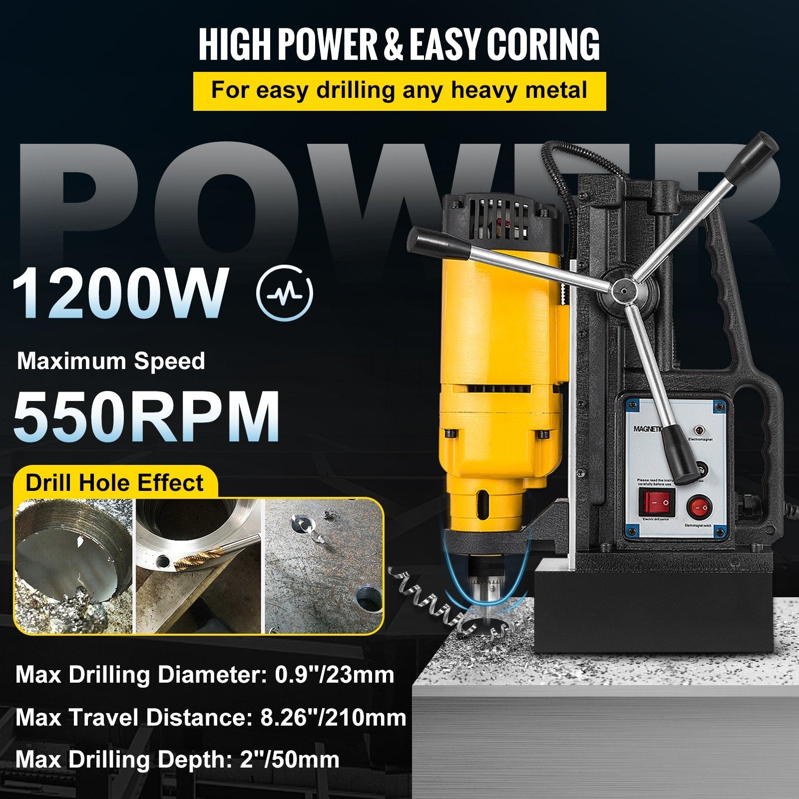 VEVOR 1200W Magnetic Drill Press with 9/10 Inch (23mm) Boring Diameter Magnetic Drill Press Machine 2920 Lbs Magnetic Force Magnetic Drilling System 500RPM Portable Electric Magnetic Drill Press