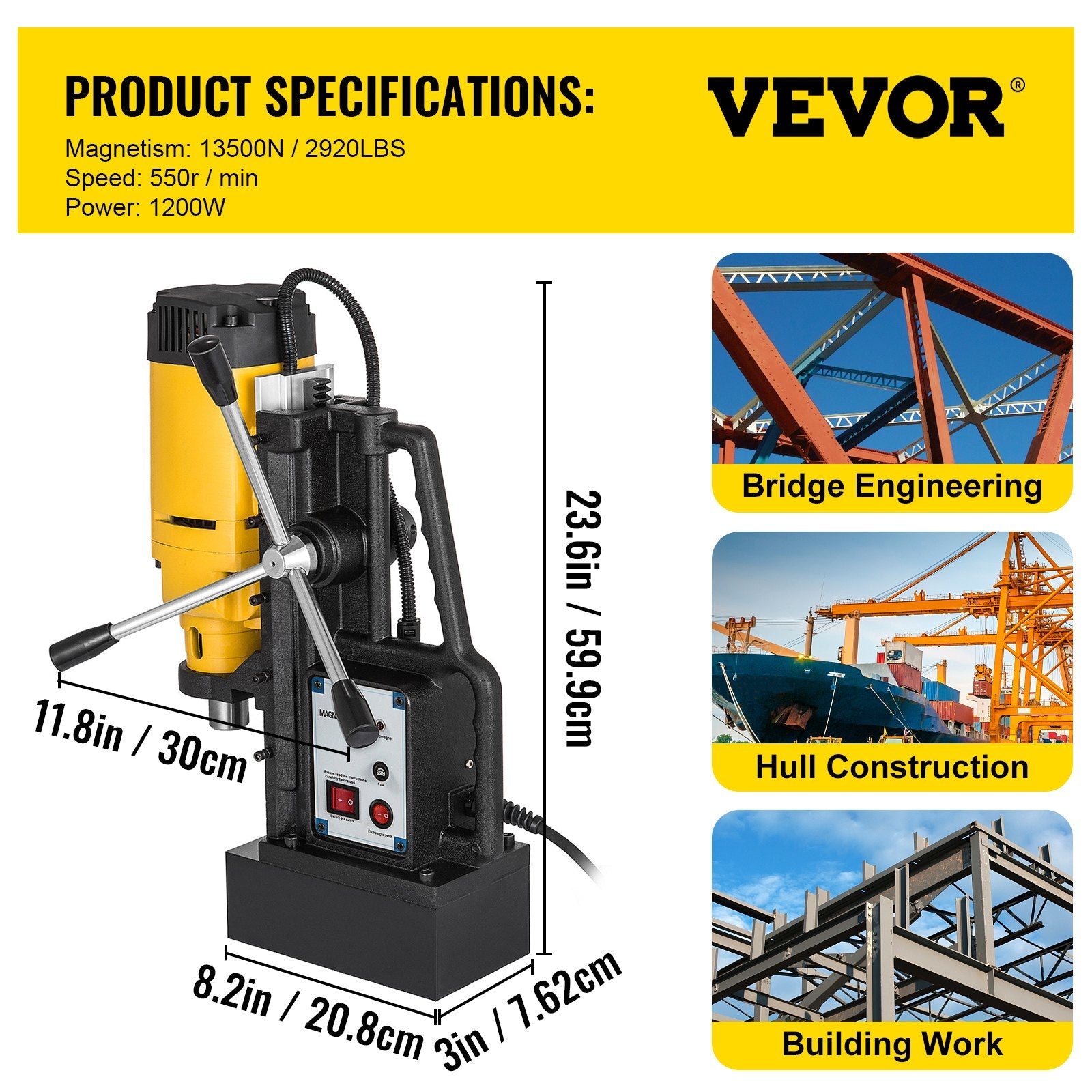 VEVOR 1200W Magnetic Drill Press with 9/10 Inch (23mm) Boring Diameter Magnetic Drill Press Machine 2920 Lbs Magnetic Force Magnetic Drilling System 500RPM Portable Electric Magnetic Drill Press