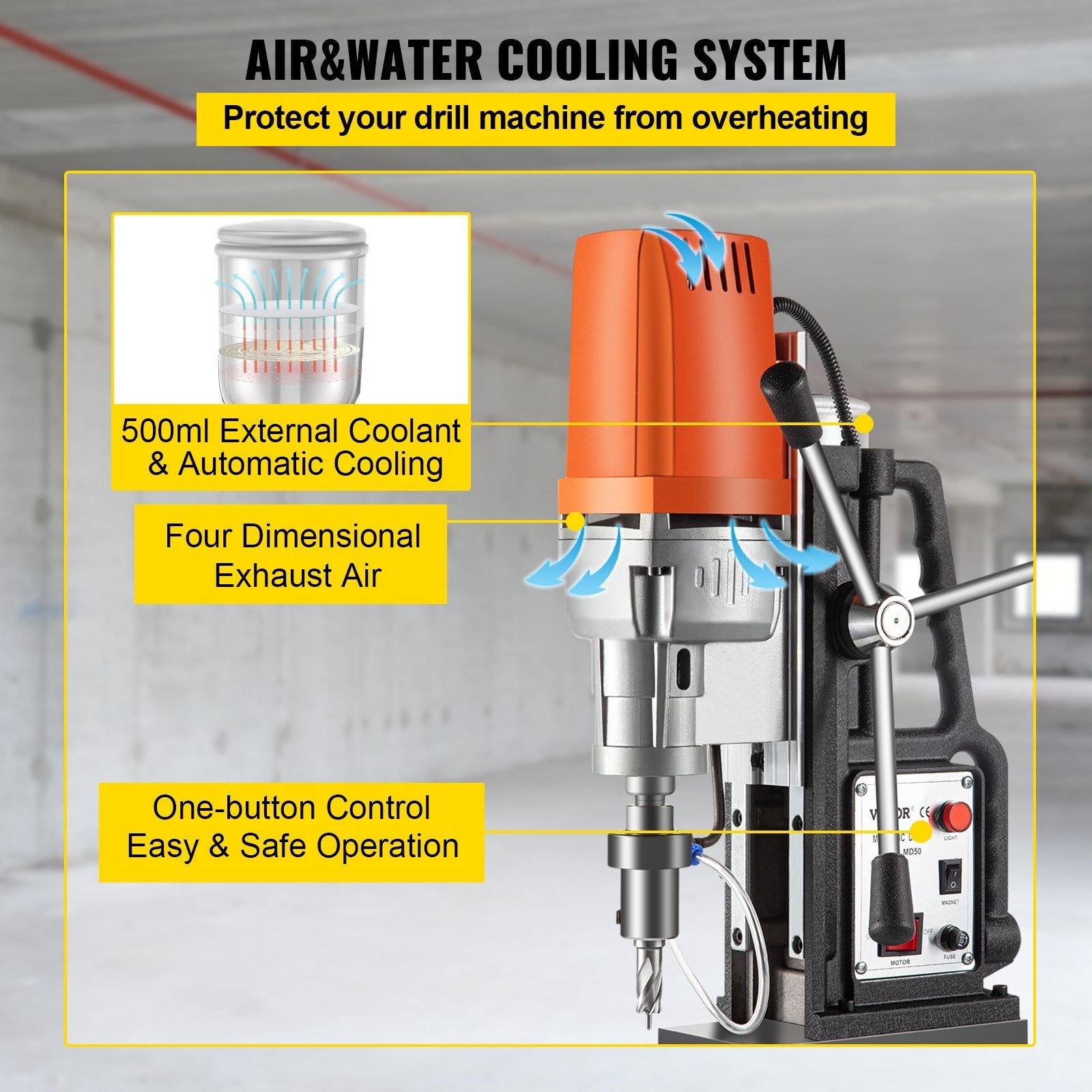 1680W MD50 Magnetic Drill 850 RPM Spindle Speed Electric Magnetic Drilling System with 2 Inch Boring Diameter and 2900 LBS Magnet Force