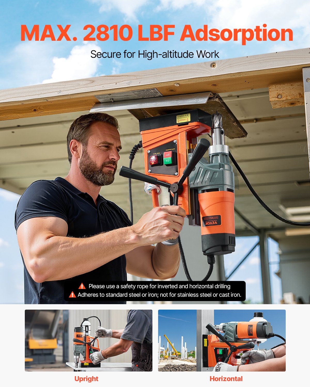 VEVOR Magnetic Drill, 1450W 1.57" Boring Diameter, 12500N 850 RPM Portable Electric Mag Drill Press, Drilling Machine for any Surface Home Improvement Industry Railway