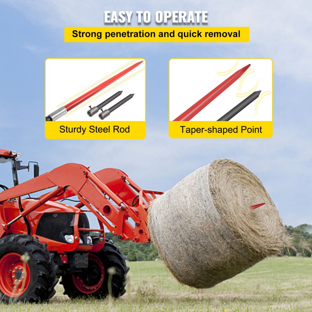 VEVOR Hay Spear 49" Bale Spear 3000 lbs Capacity, Bale Spike Quick Attach Square Hay Bale Spears, Red Coated Bale Forks, Bale Hay Spike with 2 Stabilizer Spears
