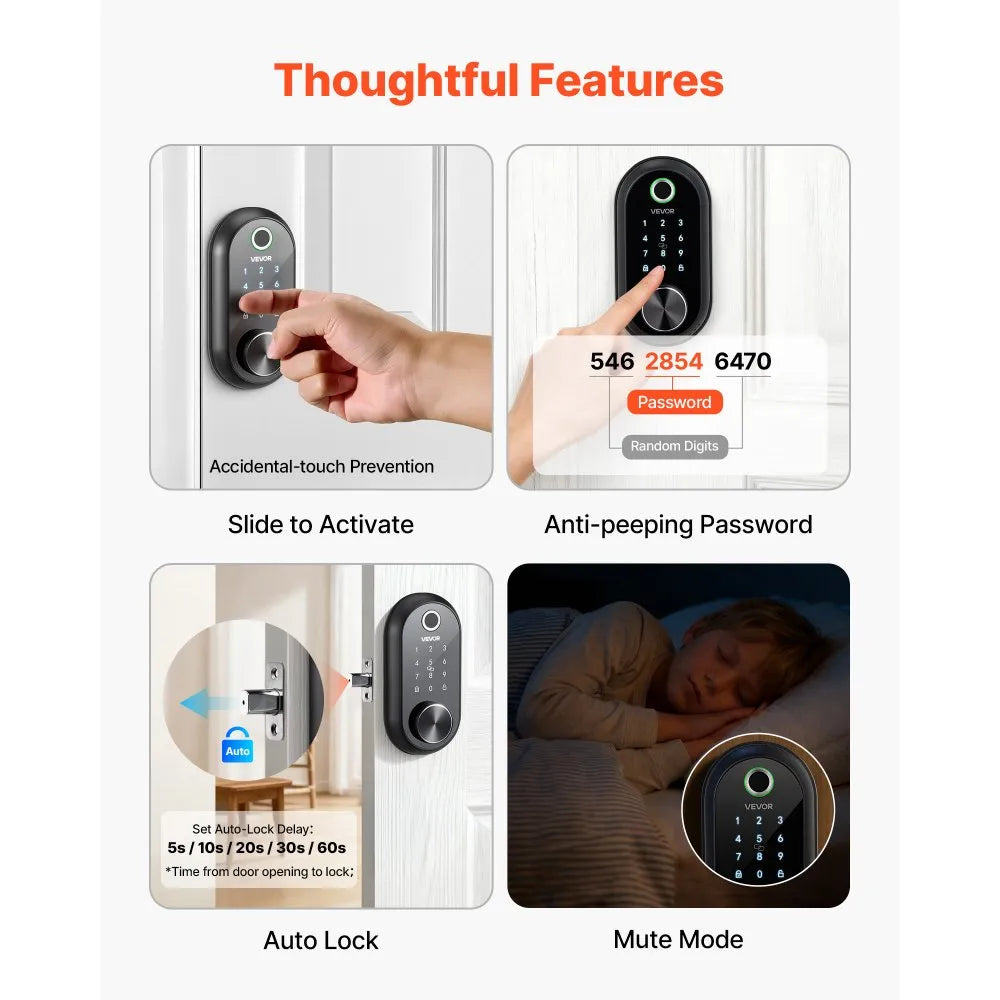 Vevor Fingerprint Door Lock – Biometric Keyless Entry Deadbolt with Touchscreen | Matte Black