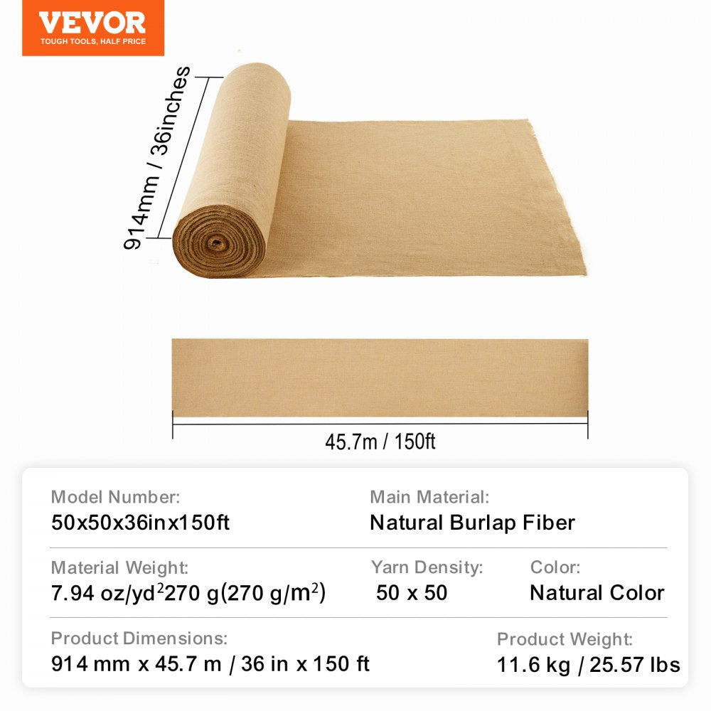 VEVOR Burlap Fabric Roll Burlap Tree Wrap 36 in x 150 ft for Crafts & Plants