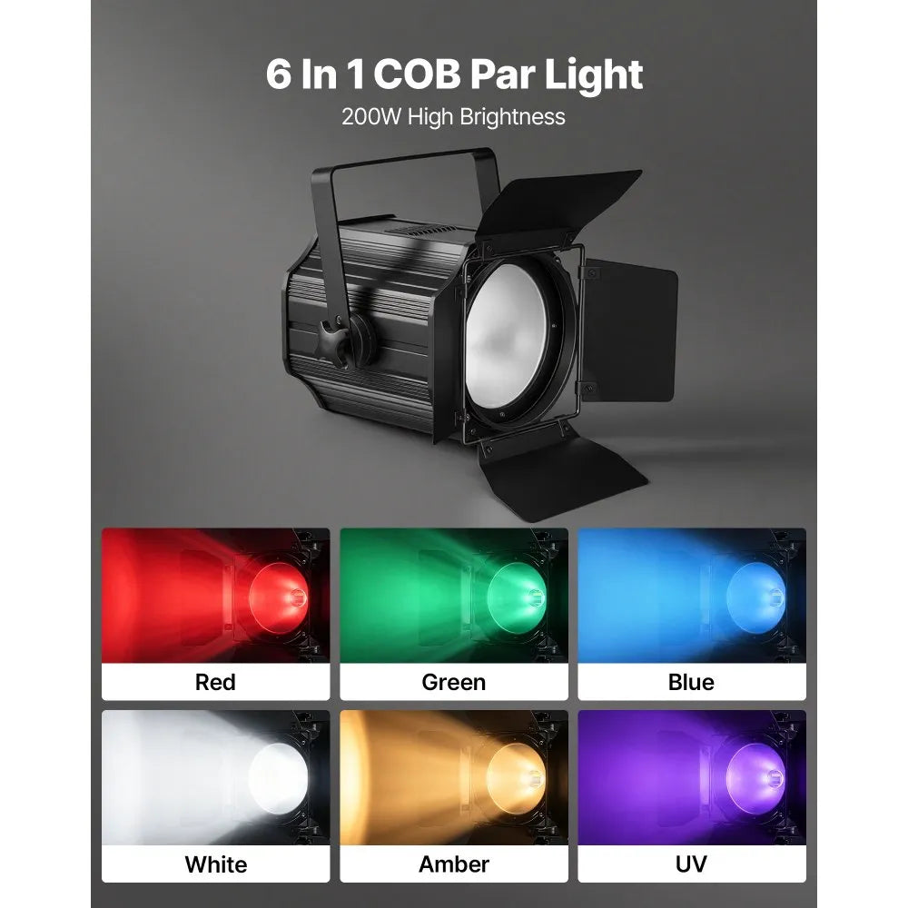 200W 6-in-1 COB PAR Stage Light with Barn Doors – RGBWA-UV Spotlight with DMX, Sound & Auto Modes