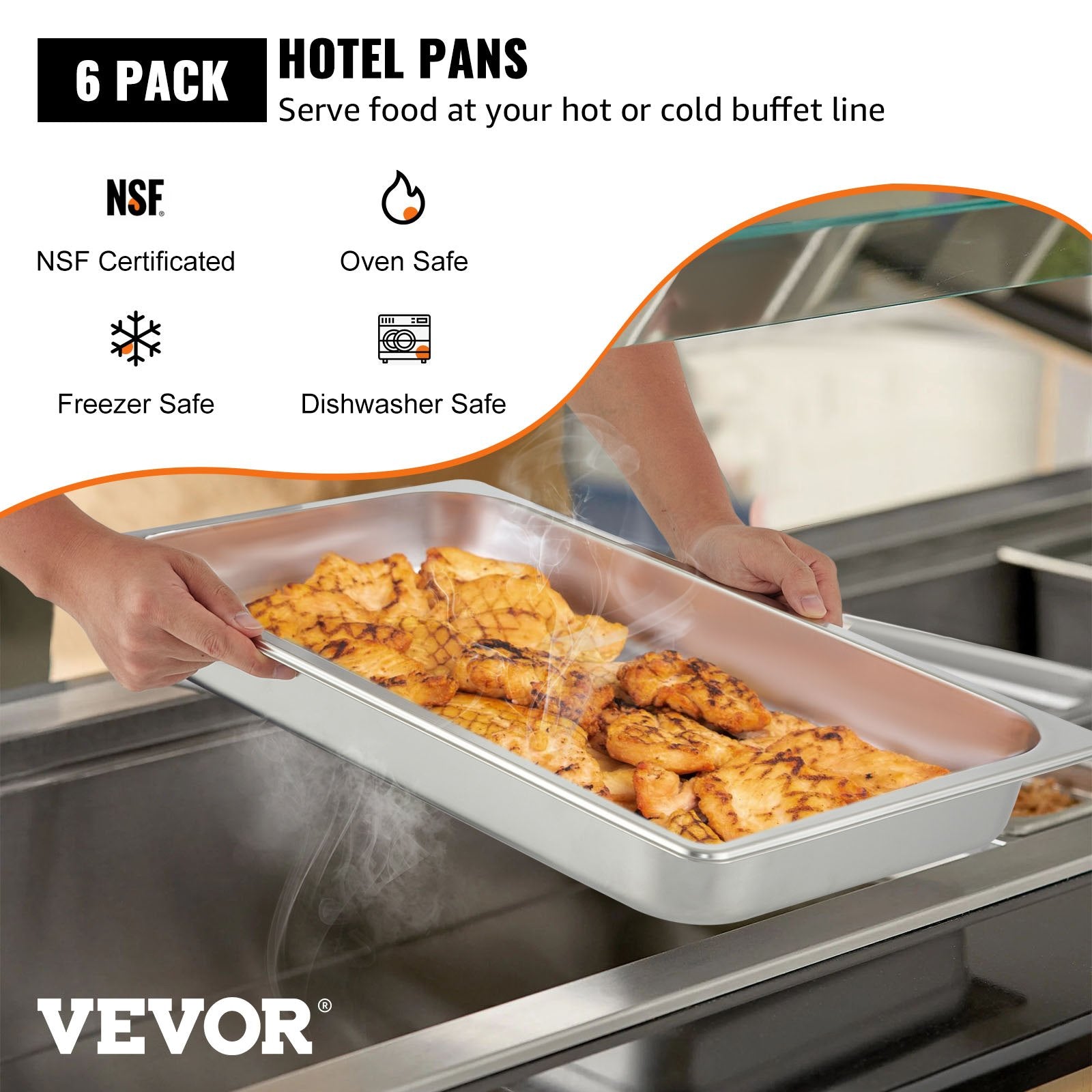 VEVOR Hotel Pan 2.5 Deep 6 Packs Steam Table Pan Full Size 9 Quart Stainless Steel Steam Table Pan