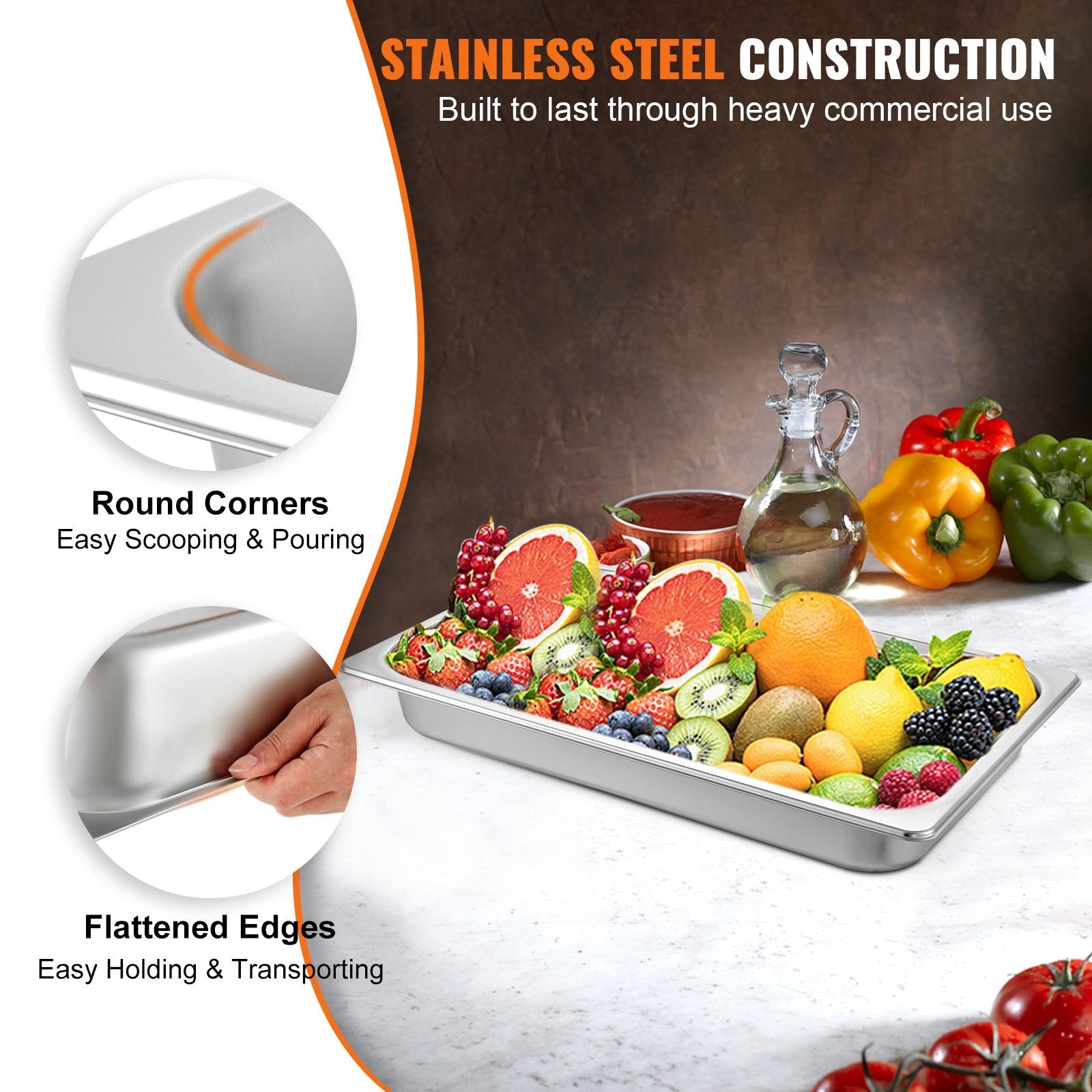 VEVOR Hotel Pan 2.5 Deep 6 Packs Steam Table Pan Full Size 9 Quart Stainless Steel Steam Table Pan