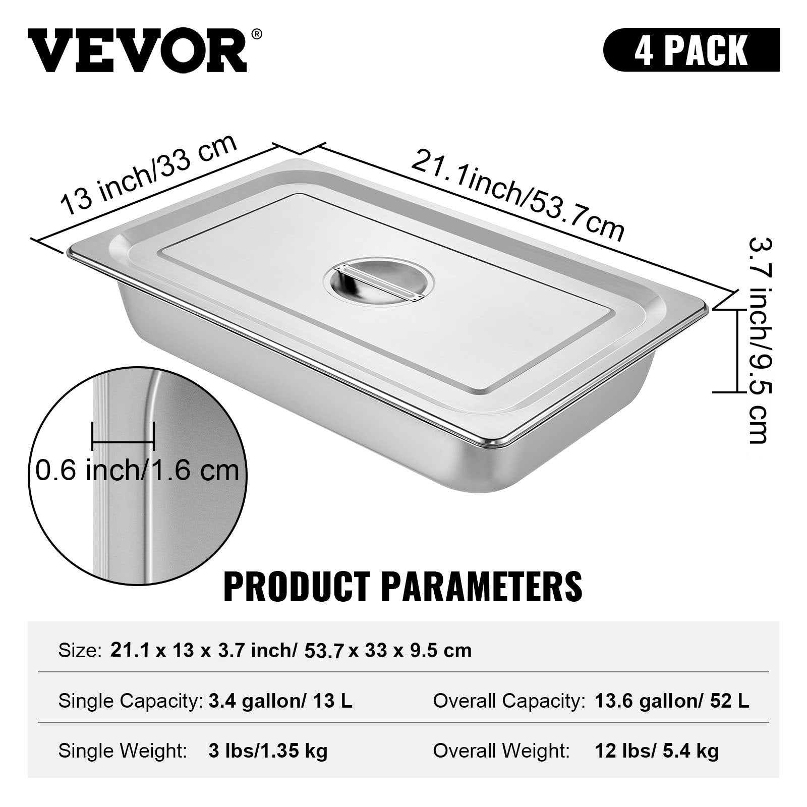 VEVOR 4 Pack Hotel Pan 4" Deep Steam Table Pan Full Size with Lid 20.8" L x 12.8" W Hotel Pan 22 Gauge Stainless Steel Anti Jam Steam Table Pan