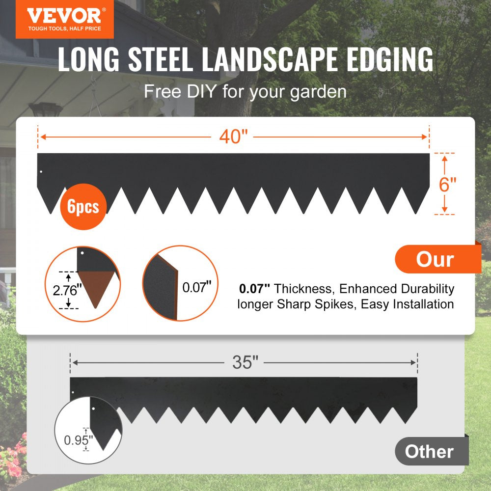 VEVOR Steel Landscape Edging, 6-pack Steel Garden Edging Borders, 40" L x 6" H Strips, Hammer-in Edging Border with 8 Clips, Bendable Metal Landscape Edging for Yard, Garden, Lawn