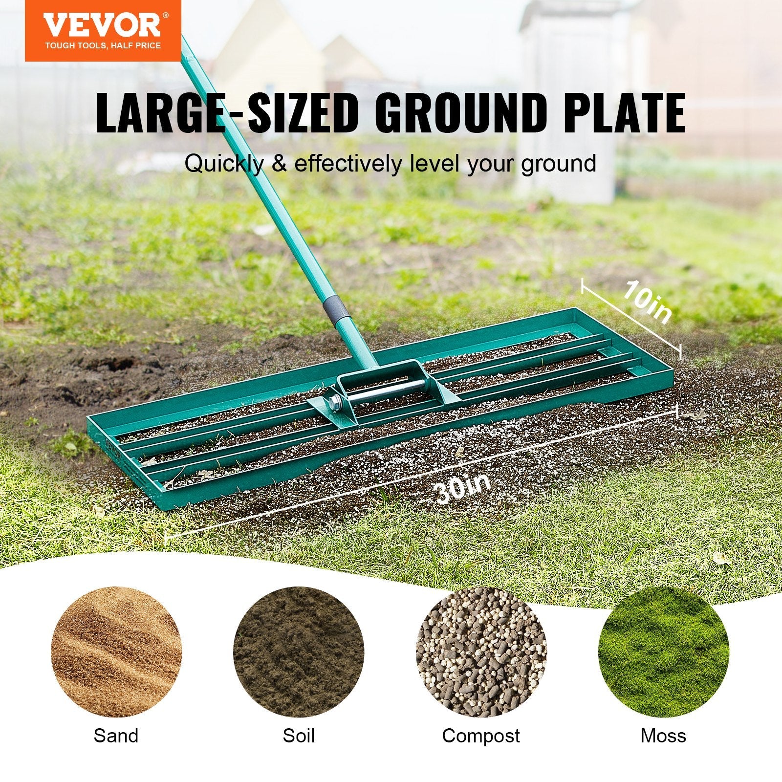VEVOR Lawn Leveling Rake, 30"x10" Level Lawn Tool, Heavy-duty Lawn Leveler with 78" Steel Extended Handle, Yard Leveling Rake Suit for Garden, Golf Lawn, Farm