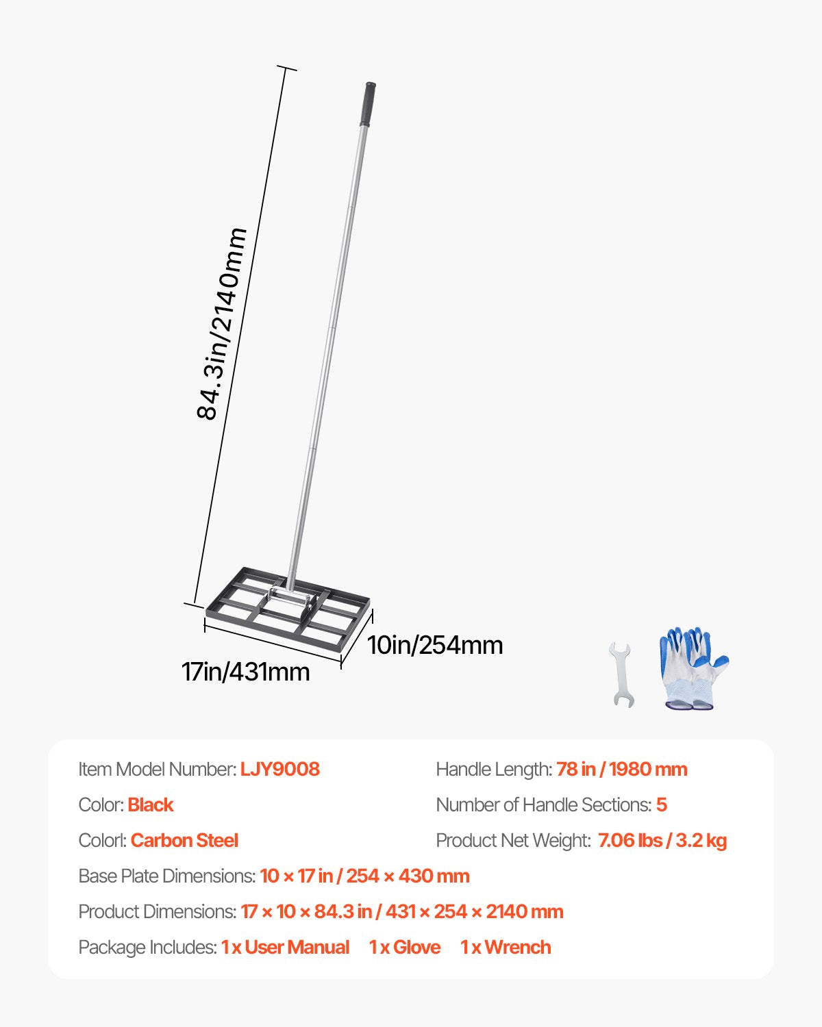 VEVOR 10x17in Lawn Leveling Rake 78 in Adjustable Handle for Yard Golf Court