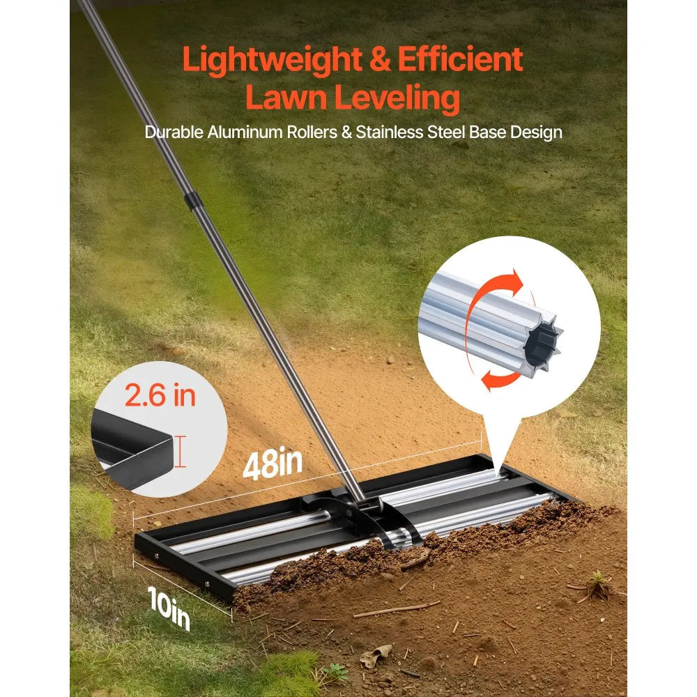 VEVOR 48" Lawn Leveling Rake with Roller, Stainless Steel Yard Leveler with Adjustable Handle