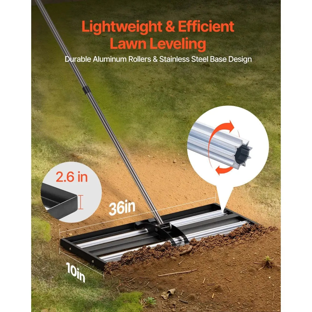 Updated Lawn Leveling Rake with Roller – 36" Stainless Steel Lawn Leveler with Adjustable Handle