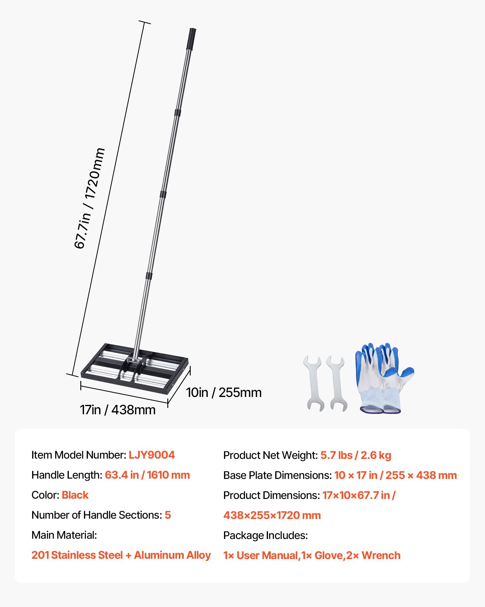 VEVOR Lawn Leveling Rake with Rollers, 17" x 10" Stainless Steel Lawn Leveler, 63.4" Adjustable Handle, Heavy-Duty Yard Leveling Tool for Lawns, Gardens, Farms & Golf Courses
