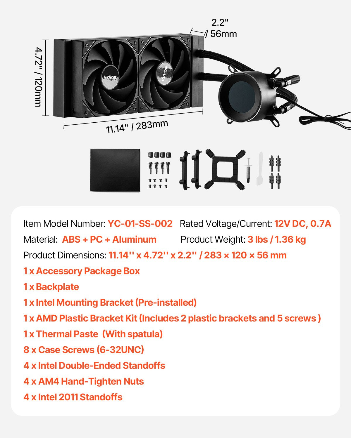 VEVOR CPU Liquid Cooler AIO CPU Water Cooler with 120 mm PWN Fans for Intel AMD
