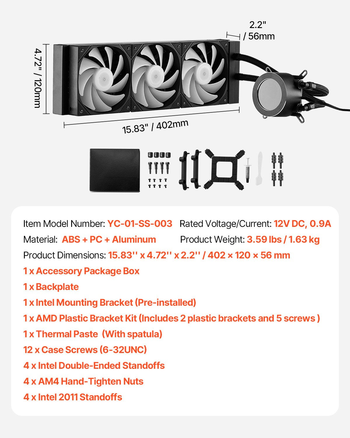VEVOR CPU Liquid Cooler AIO CPU Water Cooler with ARGB Light & 3 PWN Fans(120mm)