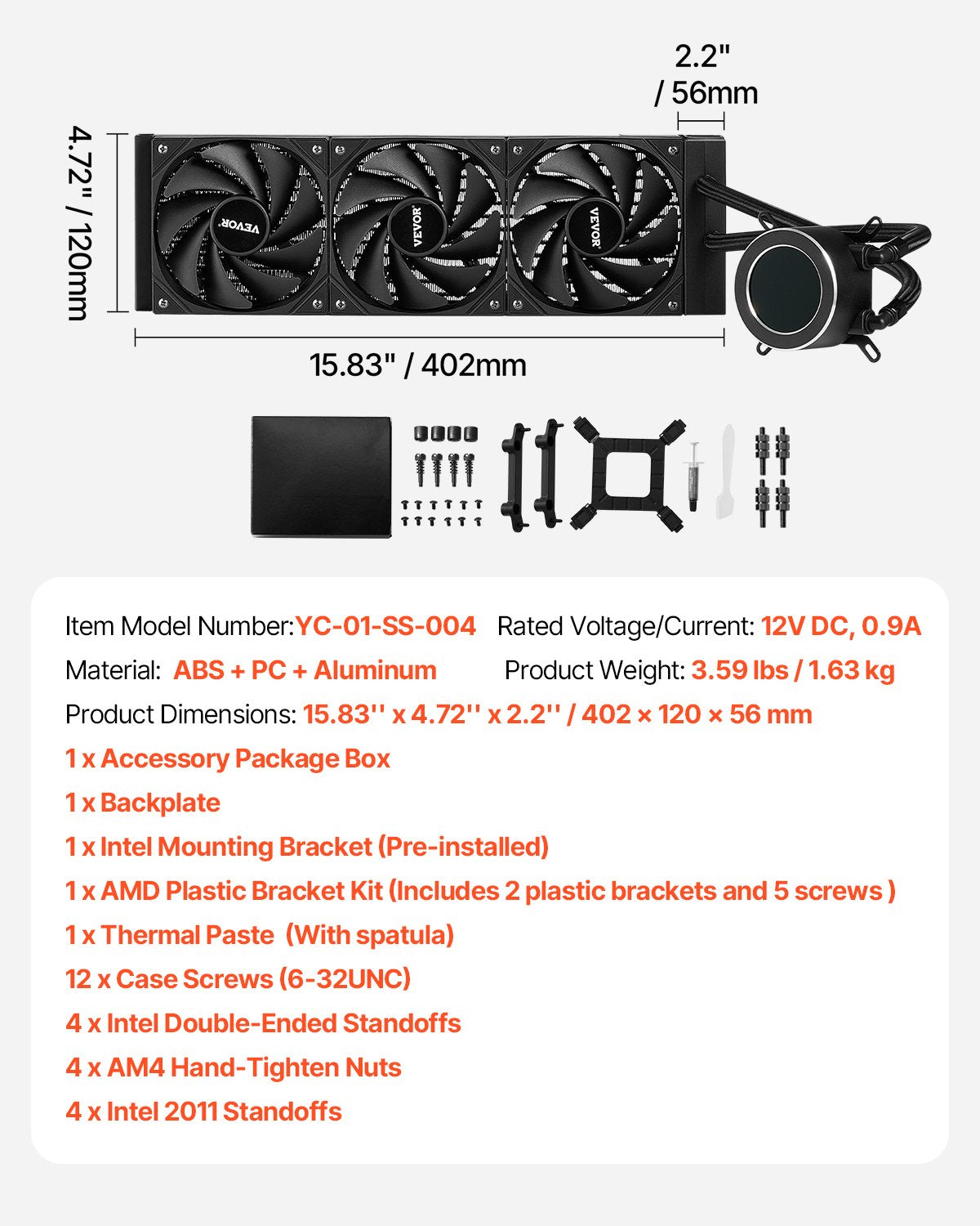 VEVOR CPU Liquid Cooler AIO CPU Water Cooler with 3 PWN Fans(120 mm) Intel AMD
