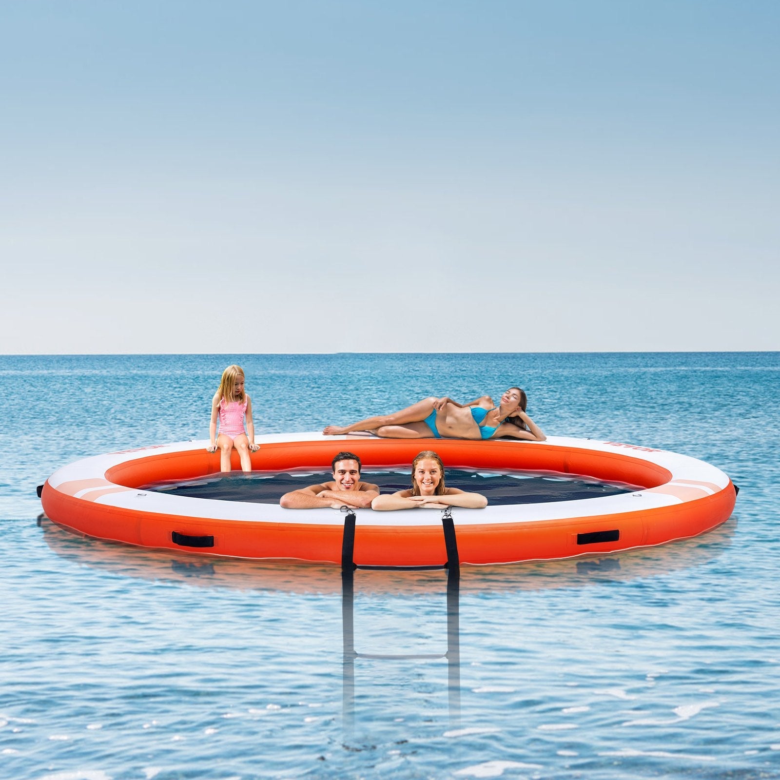 VEVOR Inflatable Floating Dock, ø10FT Inflatable Dock Platform with ø8FT Trampoline Mesh Pool, Non-Slip Floating Platform Water Mat with Portable Bag & Detachable Ladder for Pool Beach Relaxation