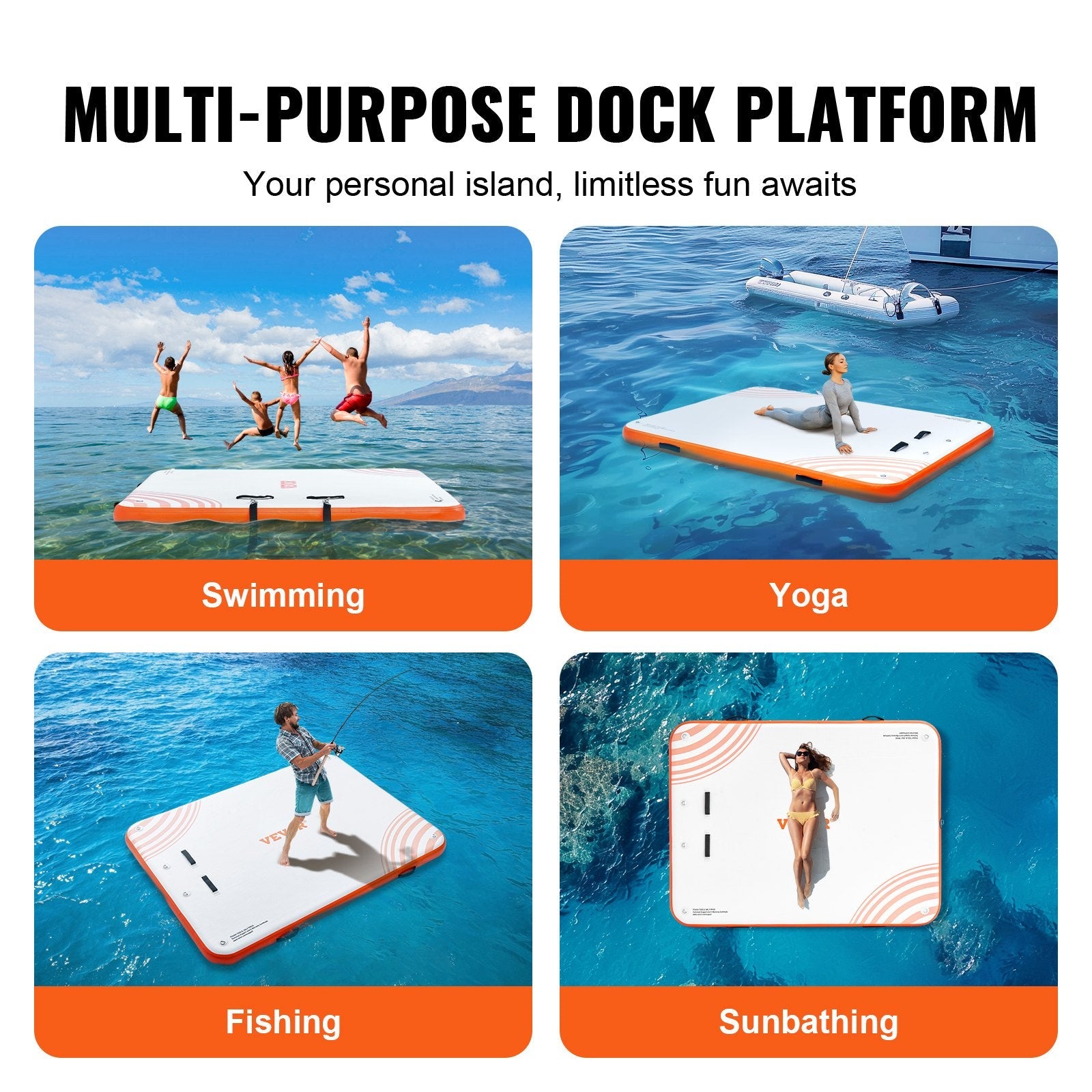VEVOR Inflatable Floating Dock, 10 x 8FT Inflatable Dock Platform, Non-Slip Water Floating Dock Mat with Portable Carrying Bag & Detachable Ladder, Floating Platform Island Raft for Pool Beach Ocean