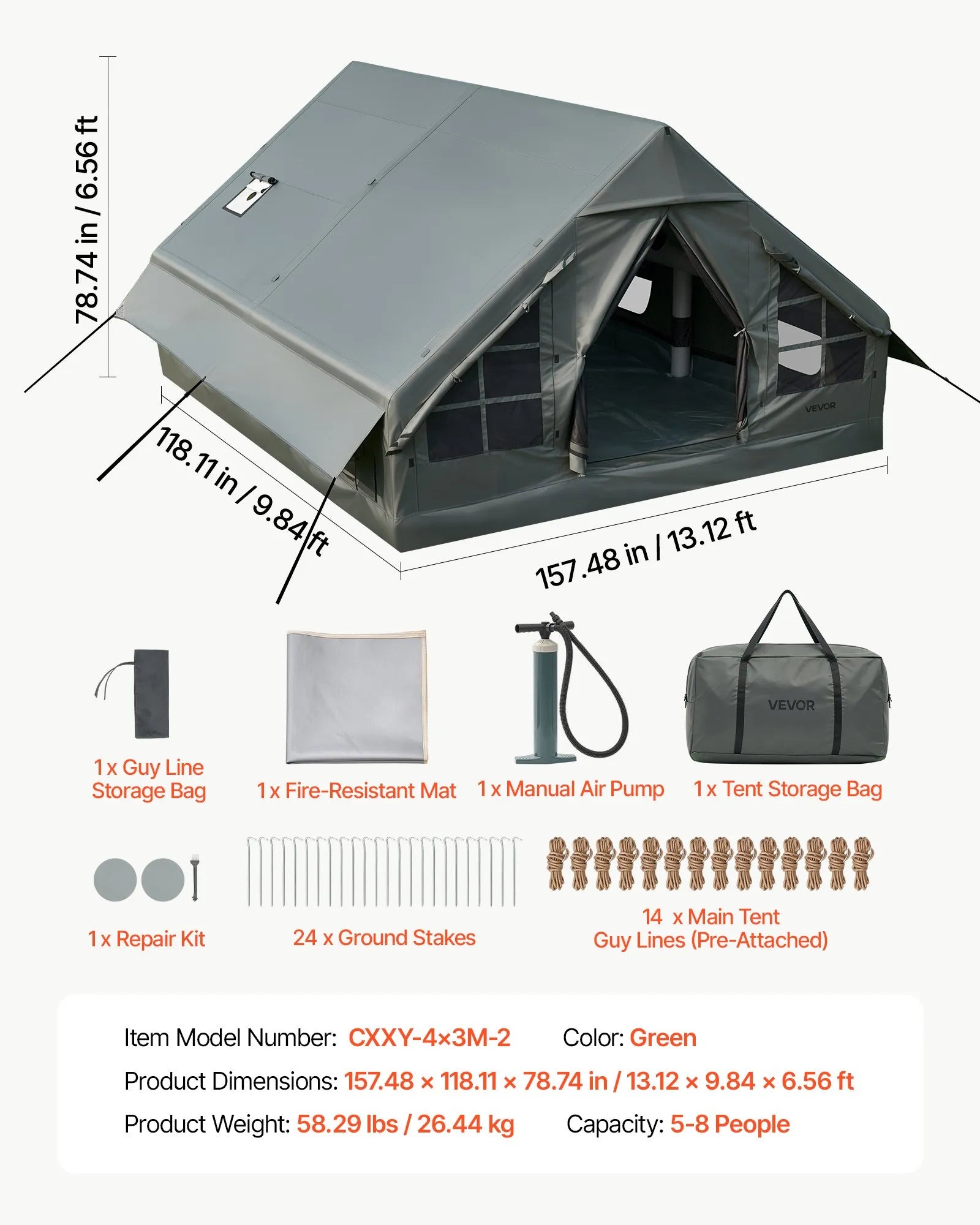 5-8 Person Inflatable Camping Tent with Hand Pump, Waterproof Glamping Air Tent with Skylight, Stove Jack & Carry Bag