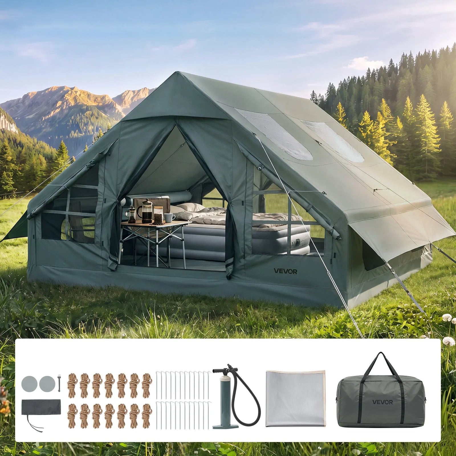 5-8 Person Inflatable Camping Tent with Hand Pump, Waterproof Glamping Air Tent with Skylight, Stove Jack & Carry Bag