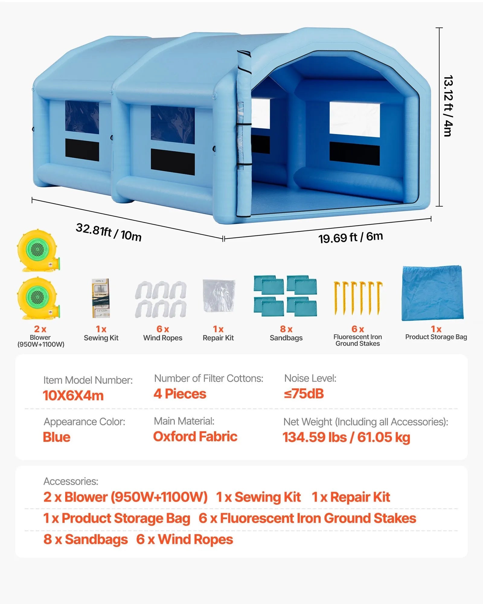 VEVOR Inflatable Paint Booth, 32.81 x 19.69 x 13.12 ft, Inflatable Spray Booth with 950W and 1100W Blowers and Air Filter System, Round Roof, for Painting Car, Truck, Furniture, Automotive Sheet Metal